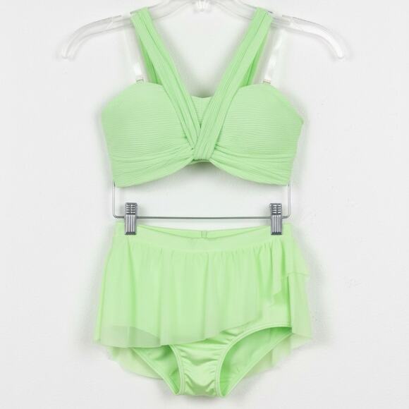 Double Platinum Set Lime Green Ribbed Knot Halter Dance Top And Skirted Brief Am